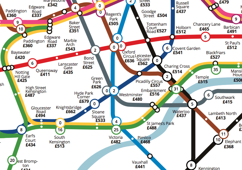 Mapa de apartamentos por estacion de metro Londres